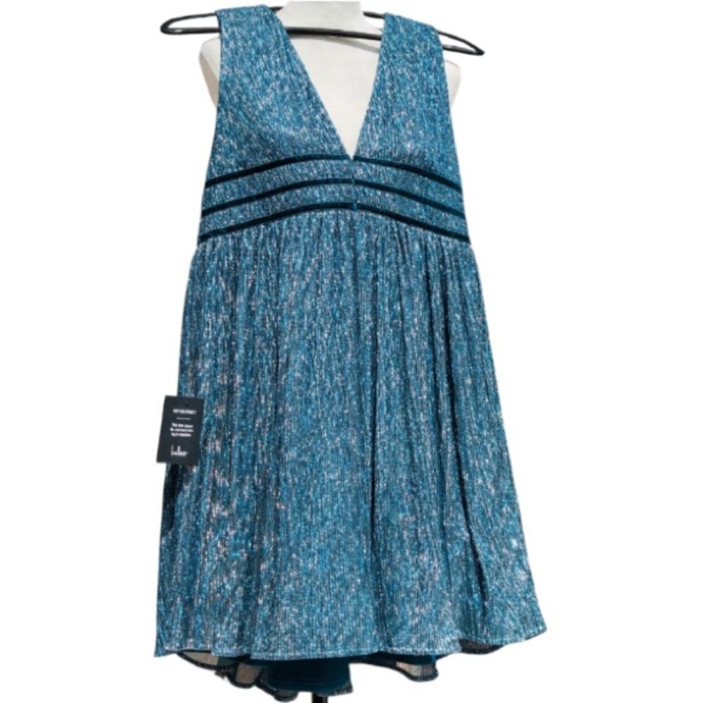Lulus NWT Teal Metallic Pleated V-Neck Empire Waist Party Dress XL - Picture 4 of 12